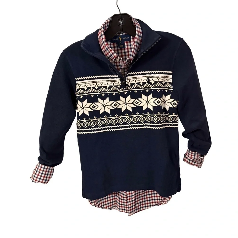 Ralph Lauren Boys 2 PCs Set Blue Snowflake 1/4 Zip Sweater & Plaid Shirt M 10-12